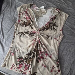 NICOLA Beige Twist-Front Floral V-Neck Top with Pink Blossoms